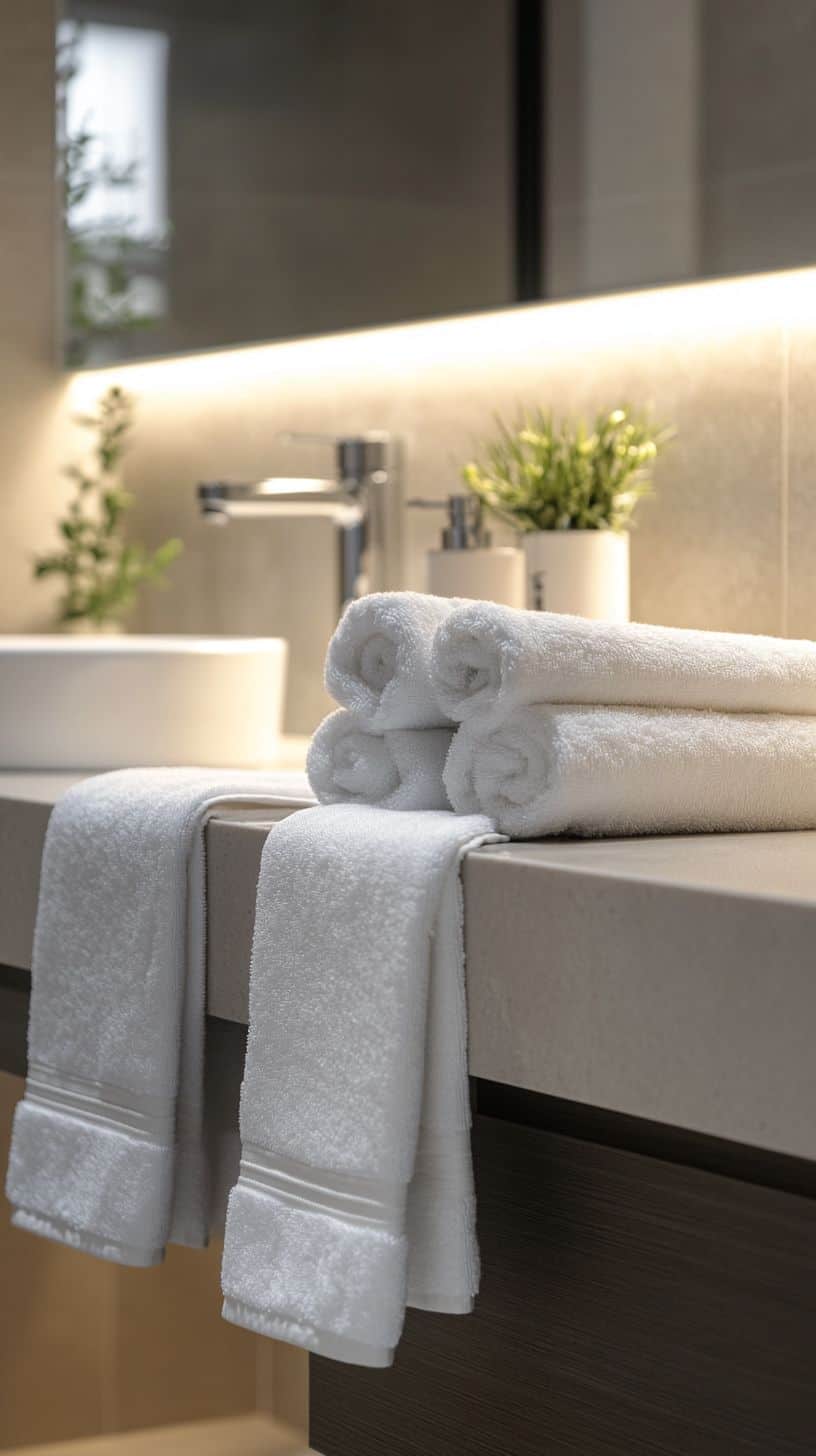 Hotel bathroom with towel display