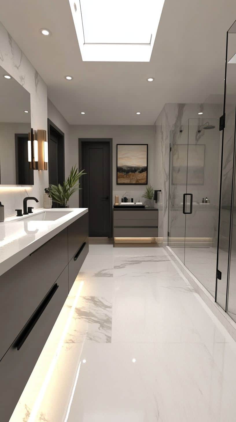 Long narrow bathroom with tile
