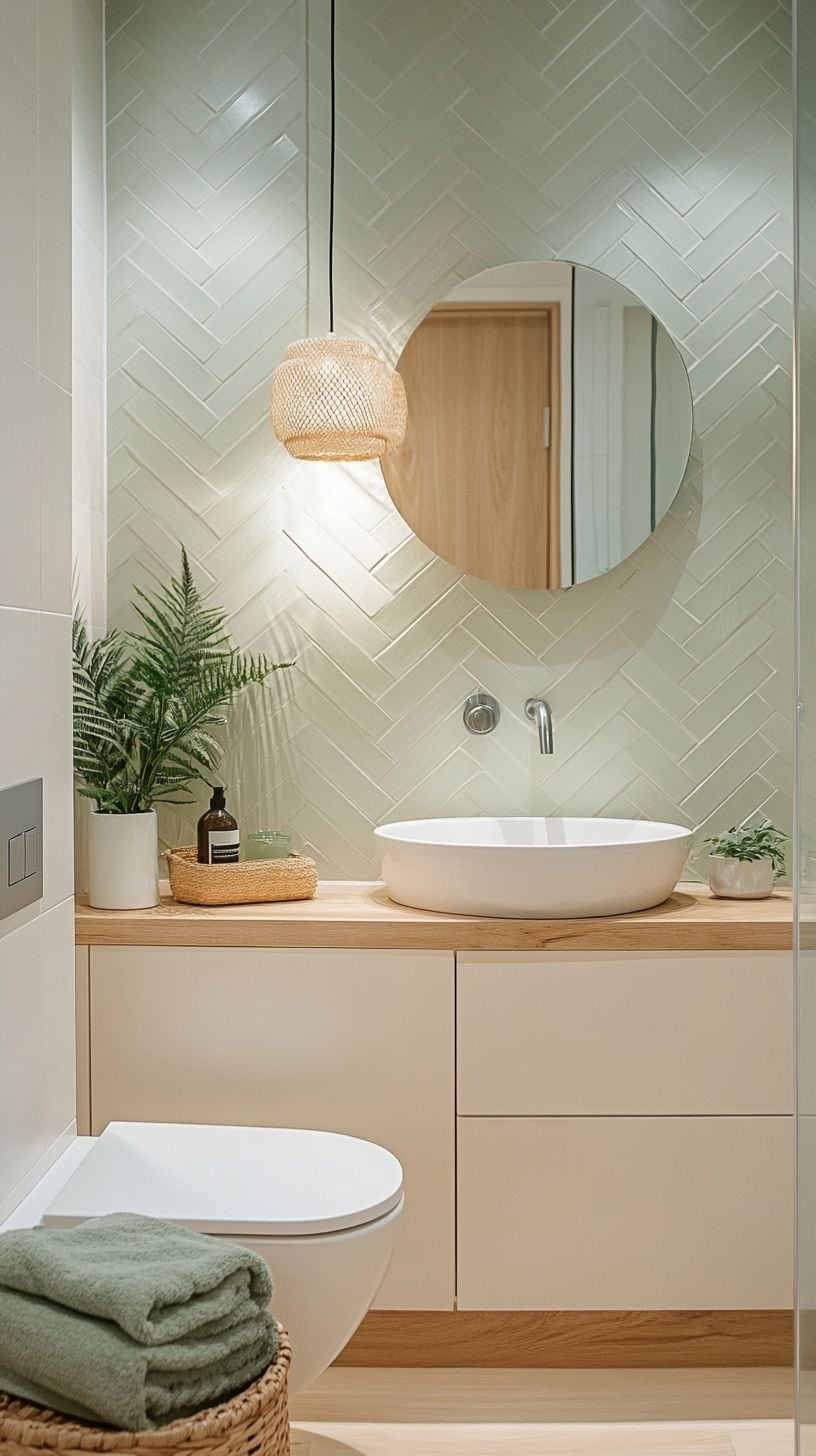 Bathroom with sage green herringbone tile