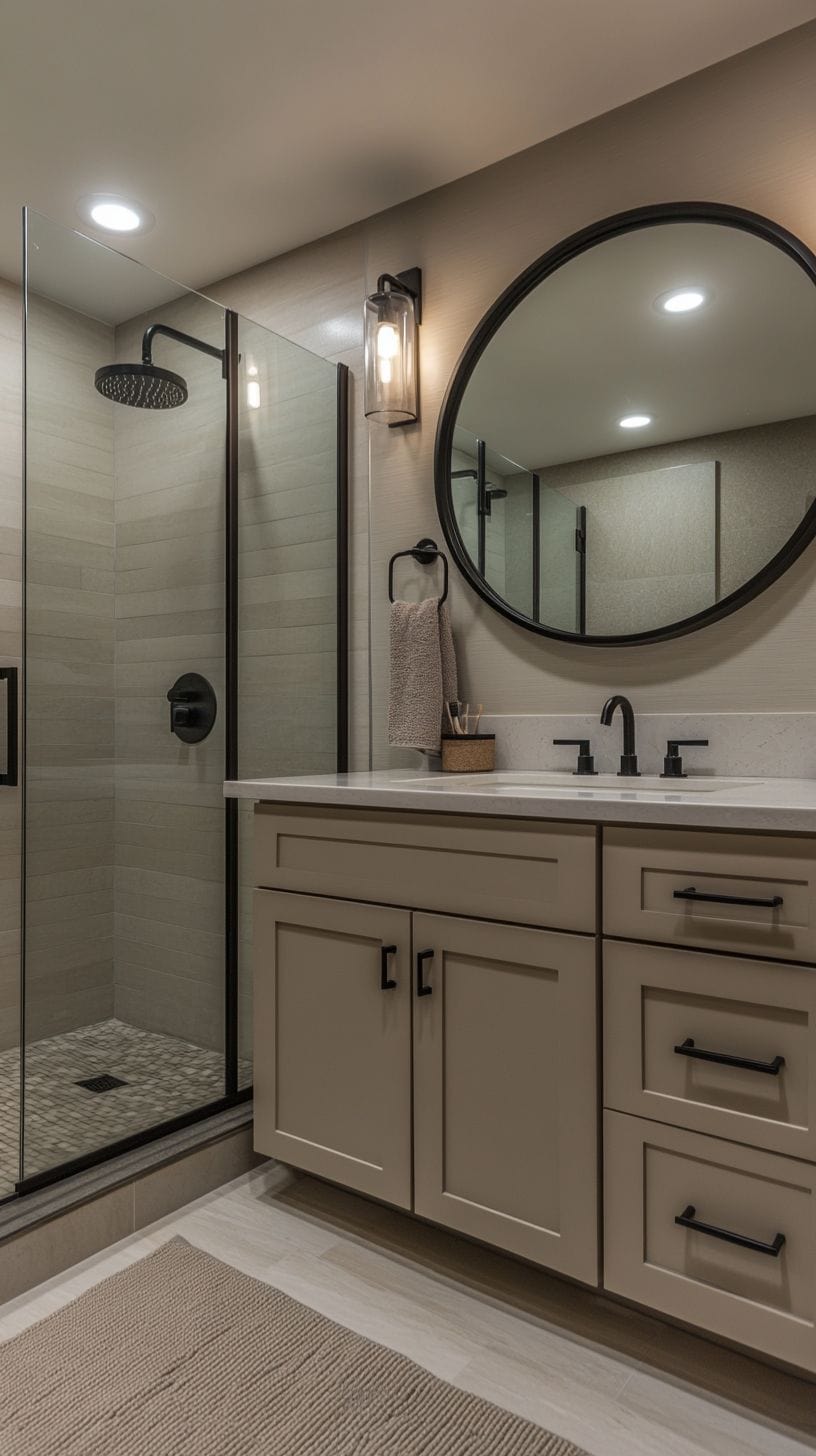 Bathroom with taupe cabinets