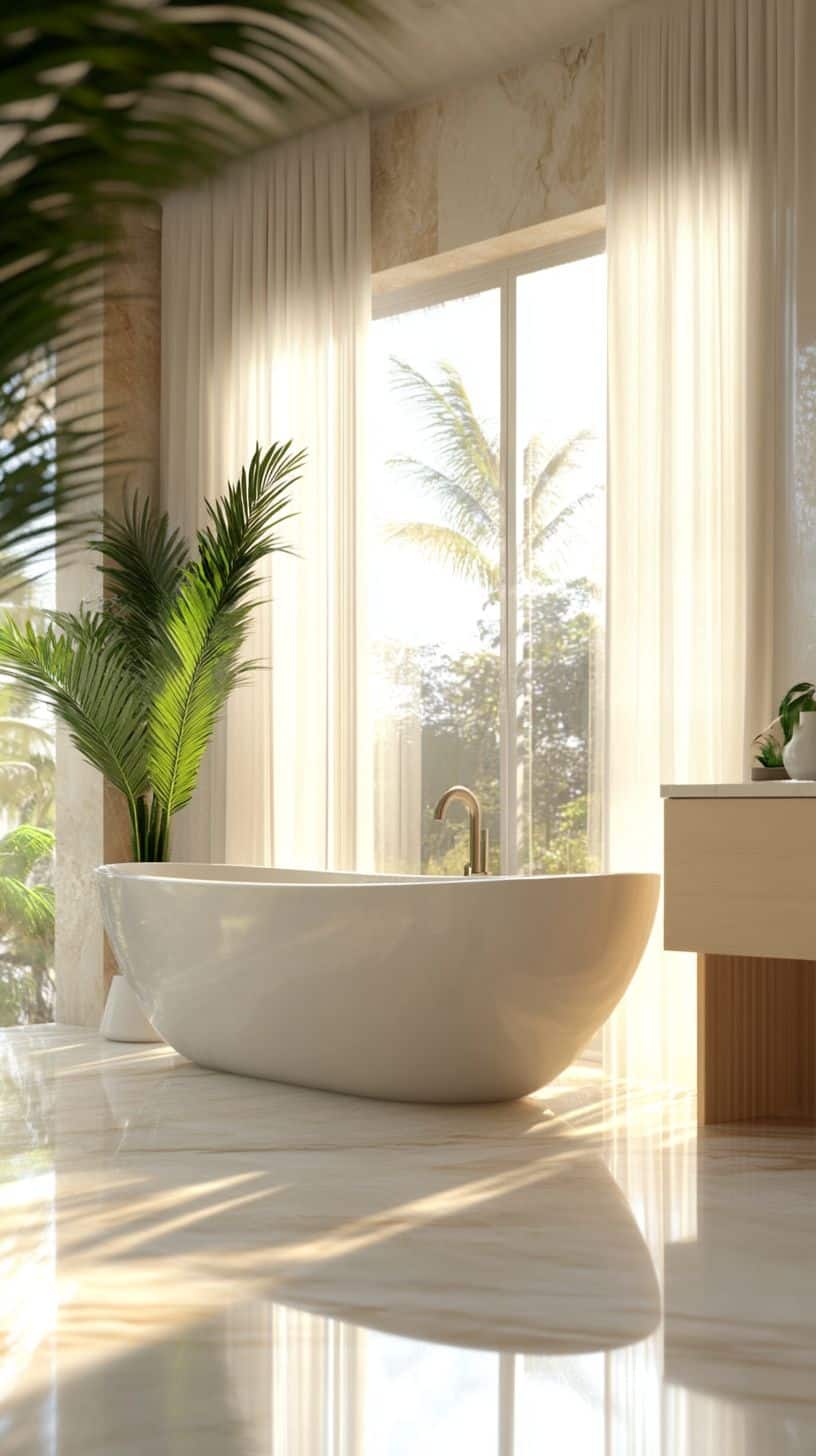 Bathroom with window treatments over tub