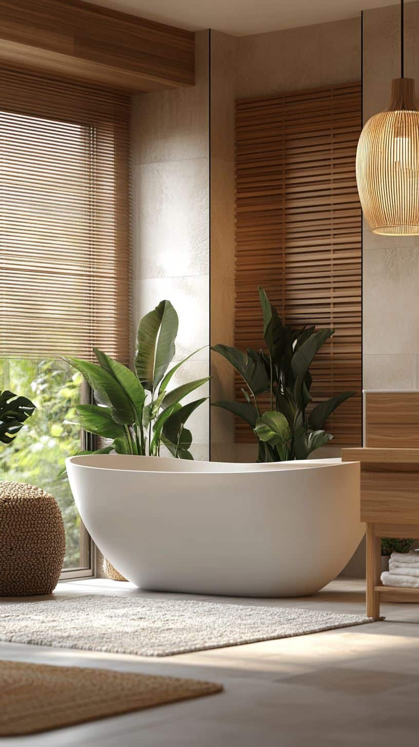 Japandi bathroom with bathtub