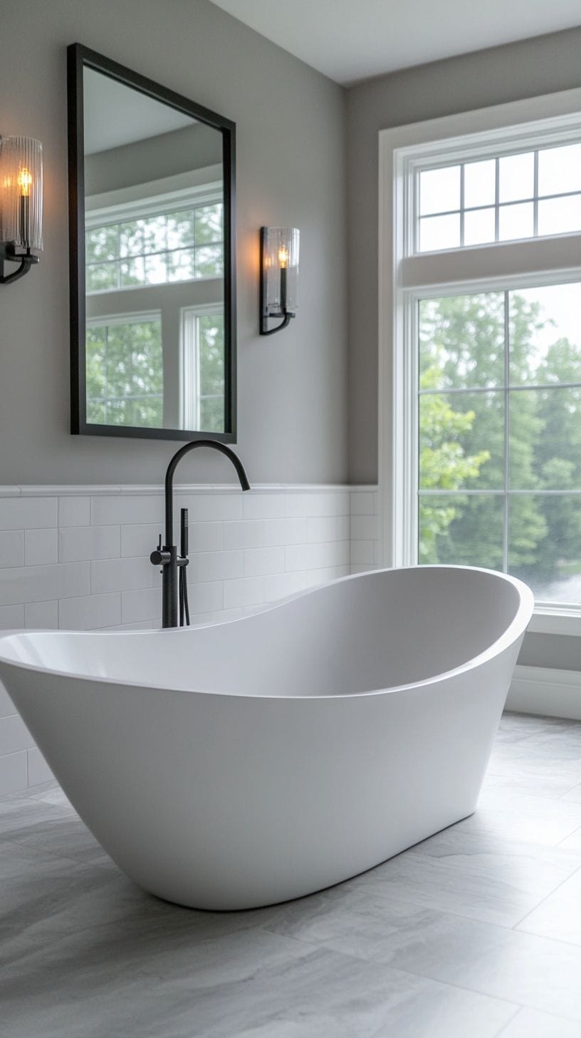 White and gray bathroom with black fixtures