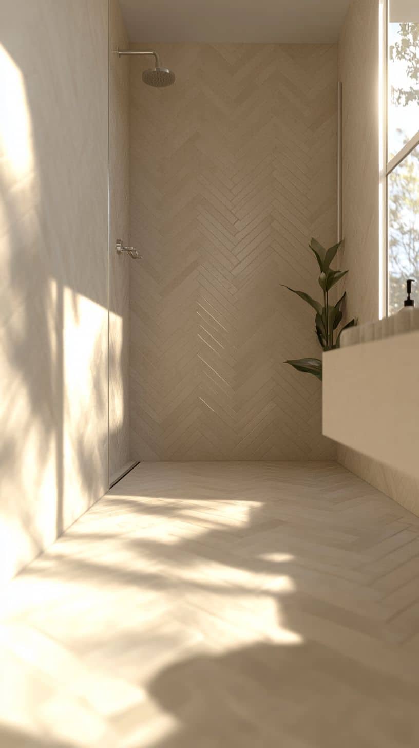 Bathroom with herringbone tile shower wall