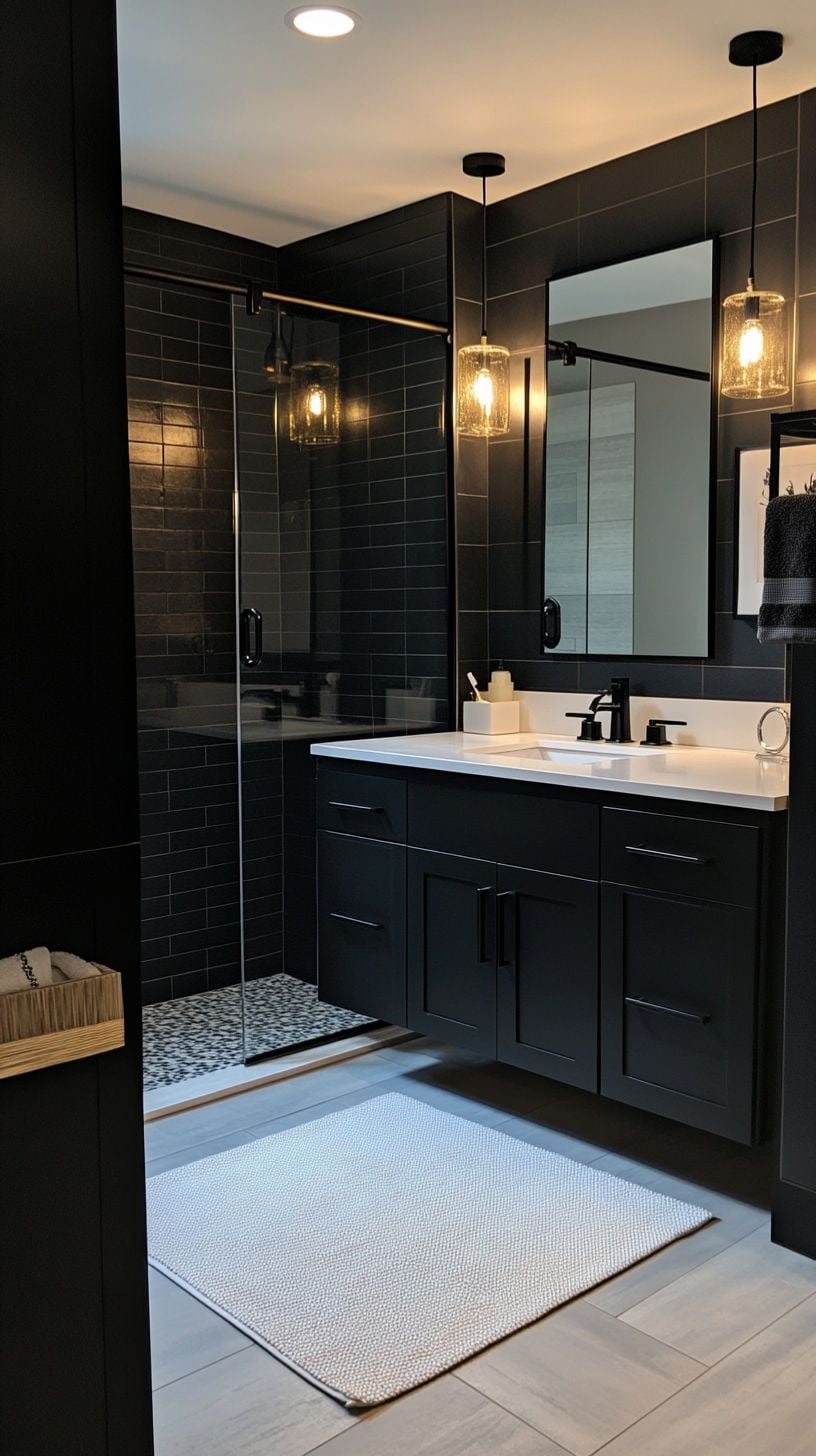 Black bathroom with lights