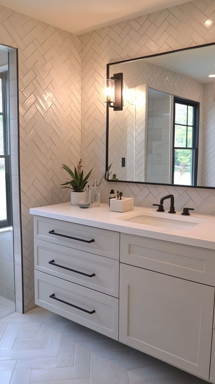 Bathroom with neutral herringbone tile
