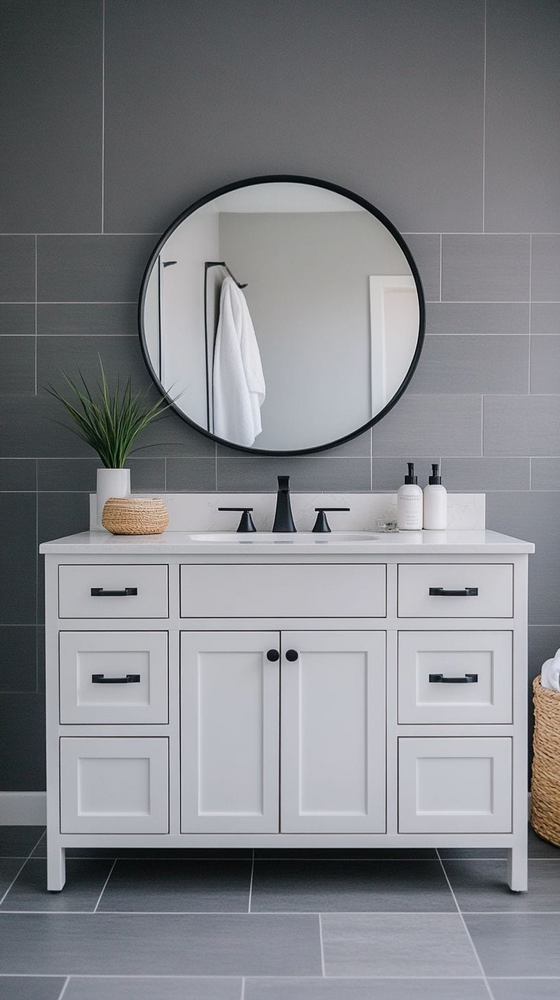 Gray bathroom with white vanity