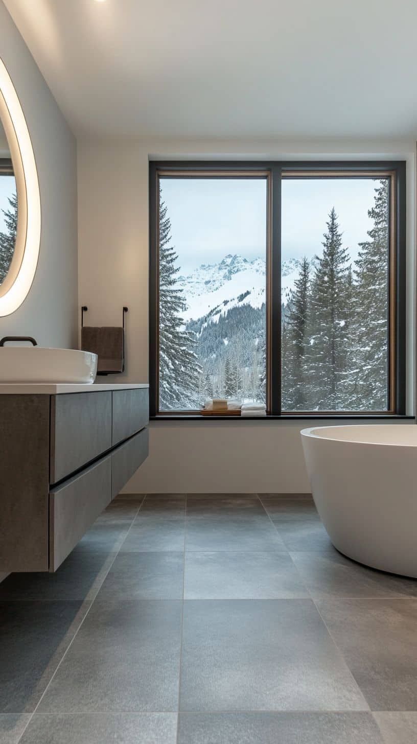 Bathroom with gray floor and white walls
