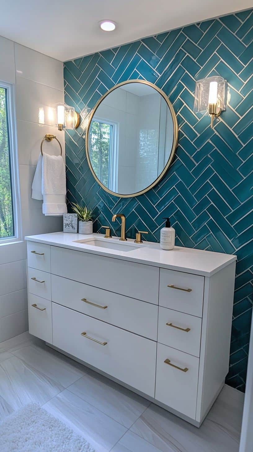 Bathroom with teal herringbone tile