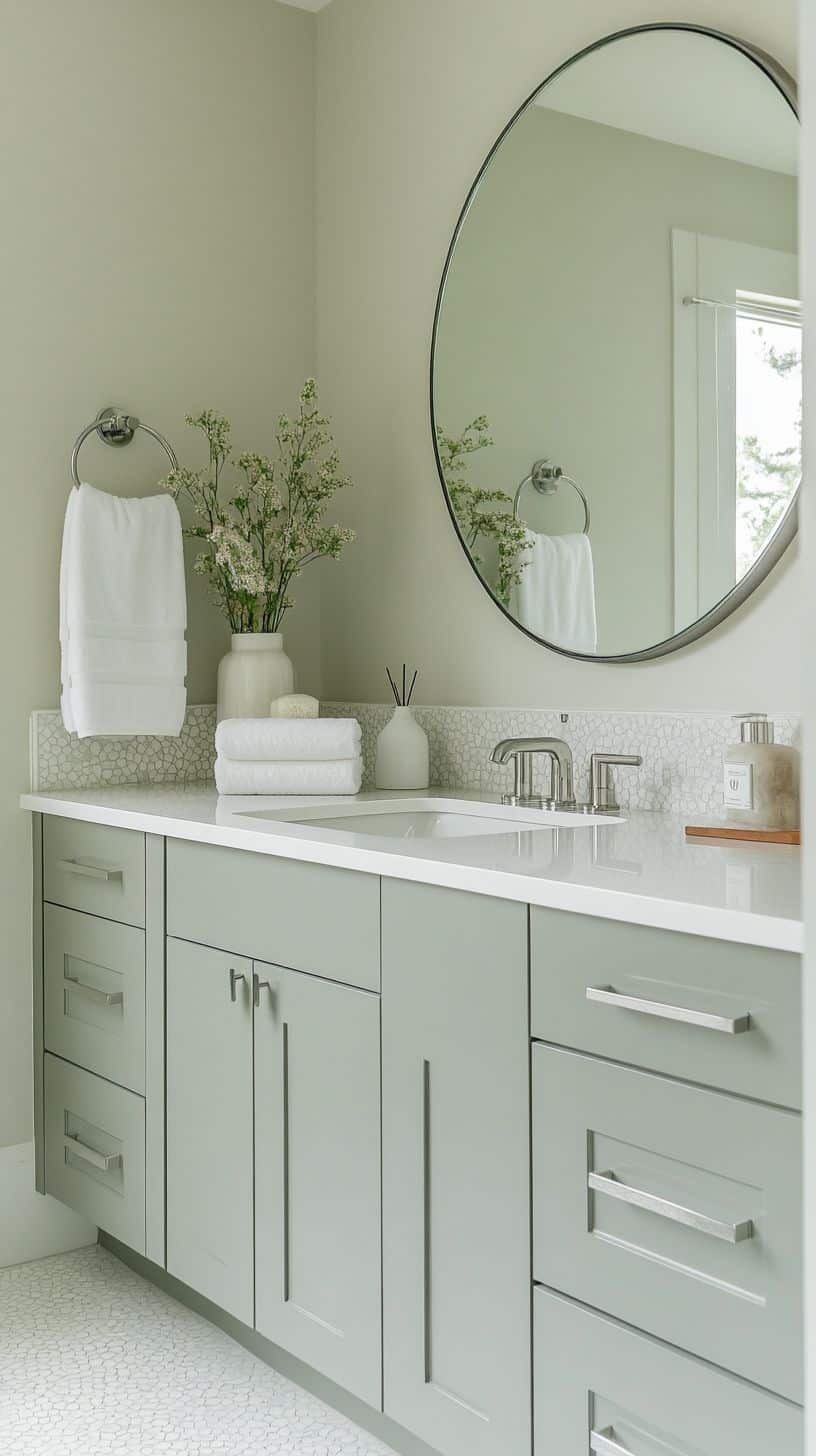 Gray white sage green bathroom