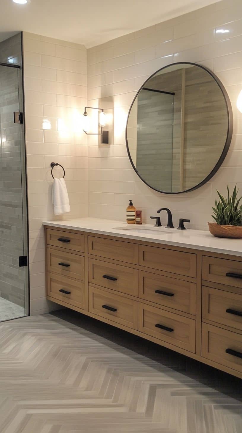 Bathroom with slate herringbone tile floor