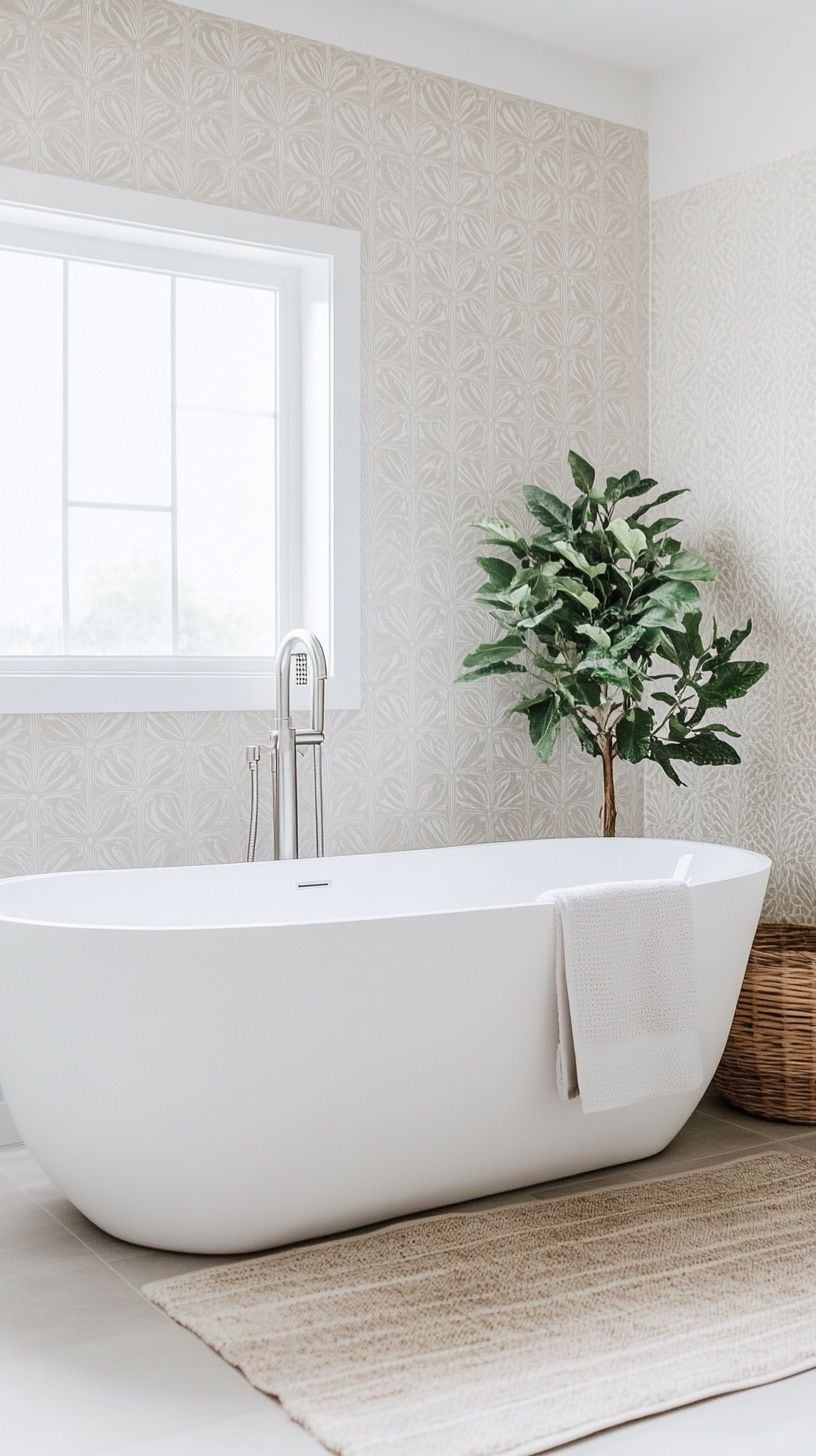 Minimalist bathroom with wallpaper