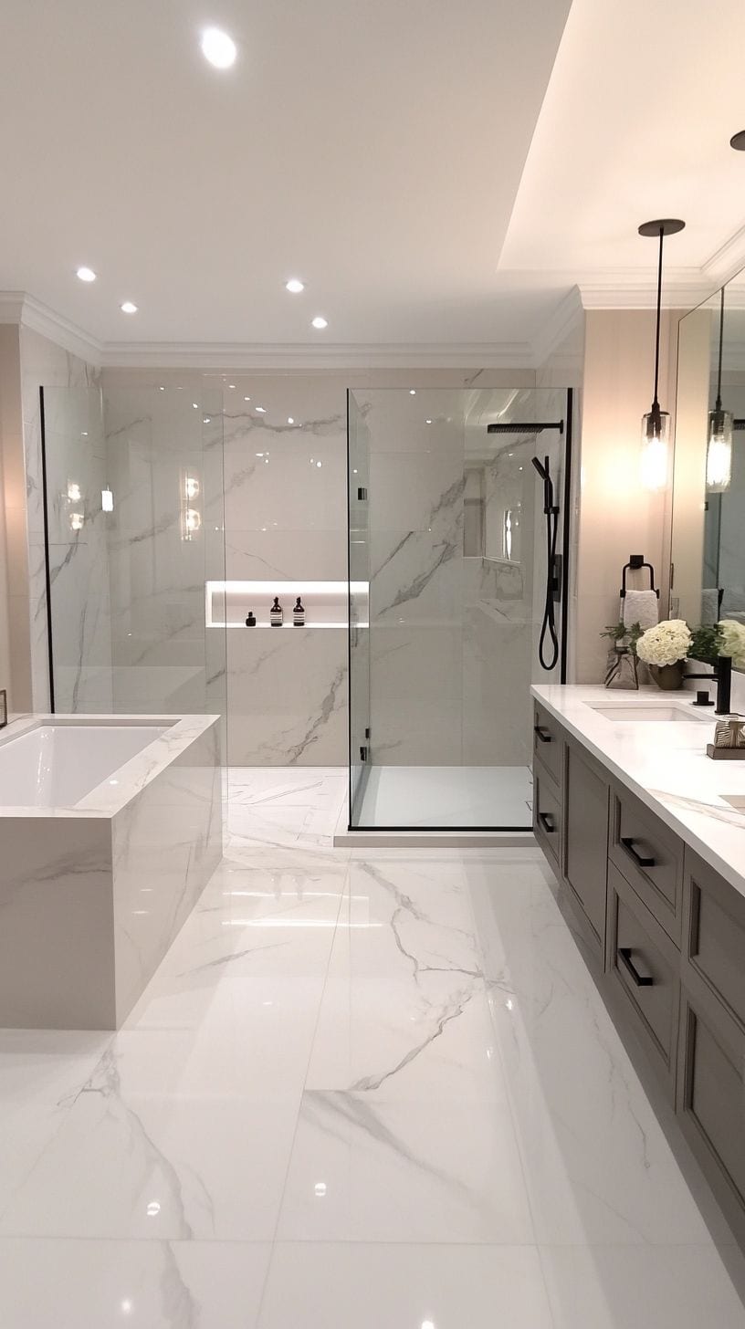 White and gray master bathroom