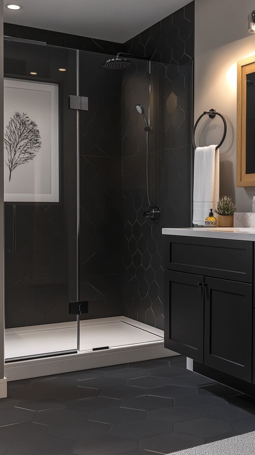 Bathroom with black hexagon tiles