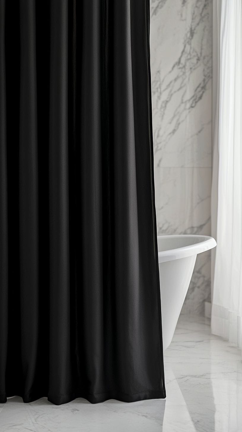 Bathroom with black shower curtain