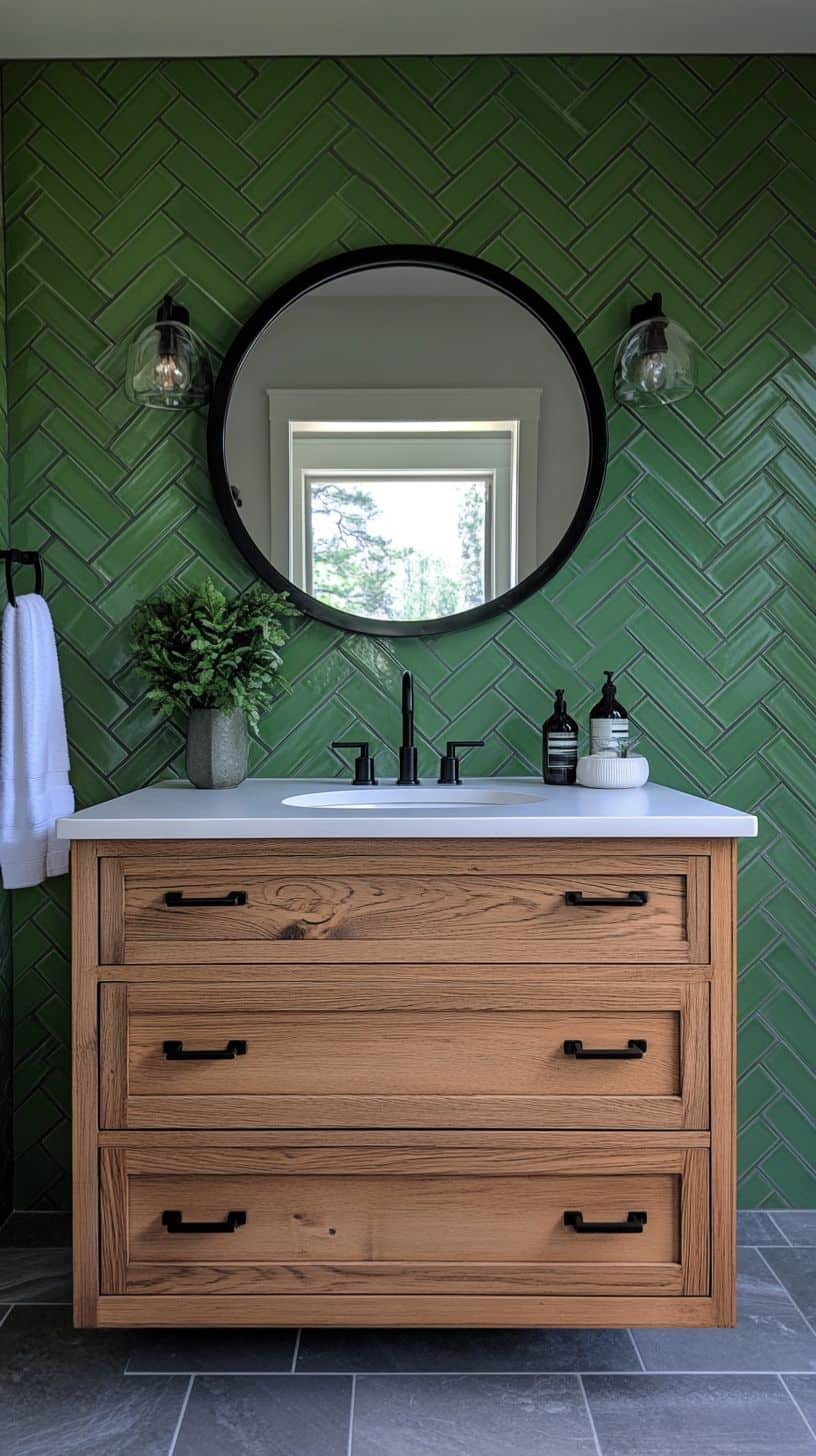 Bathroom with green herringbone tile