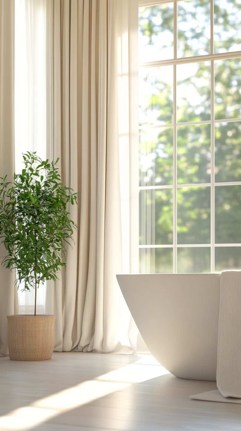 Bathroom with window curtains