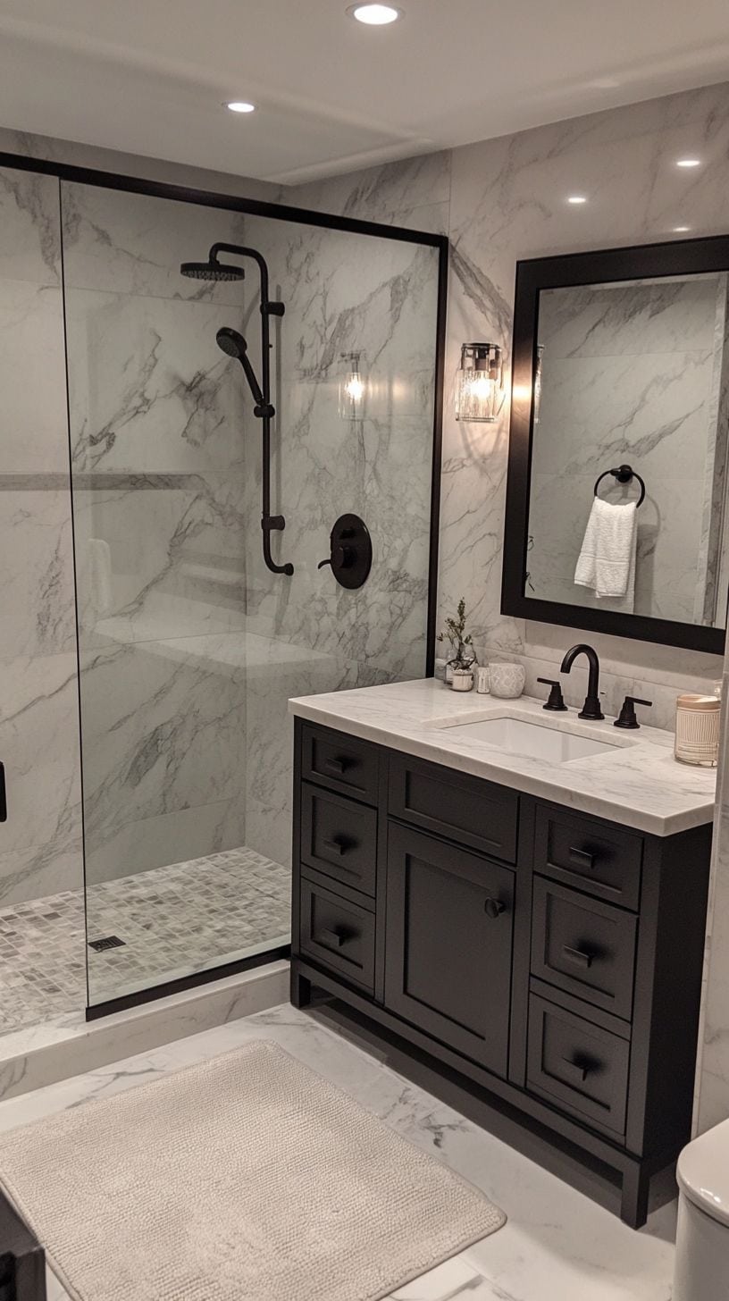 Gray, black, and white bathroom