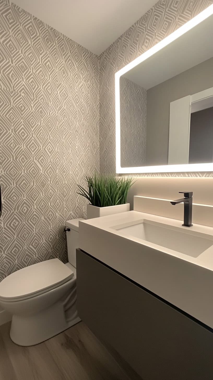 Half bath bathroom with wallpaper accent wall