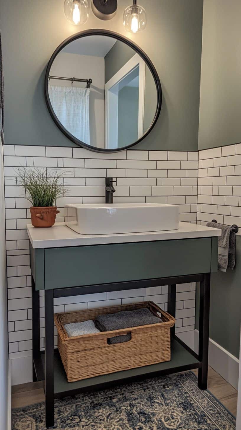 Small bathroom with half tiled walls