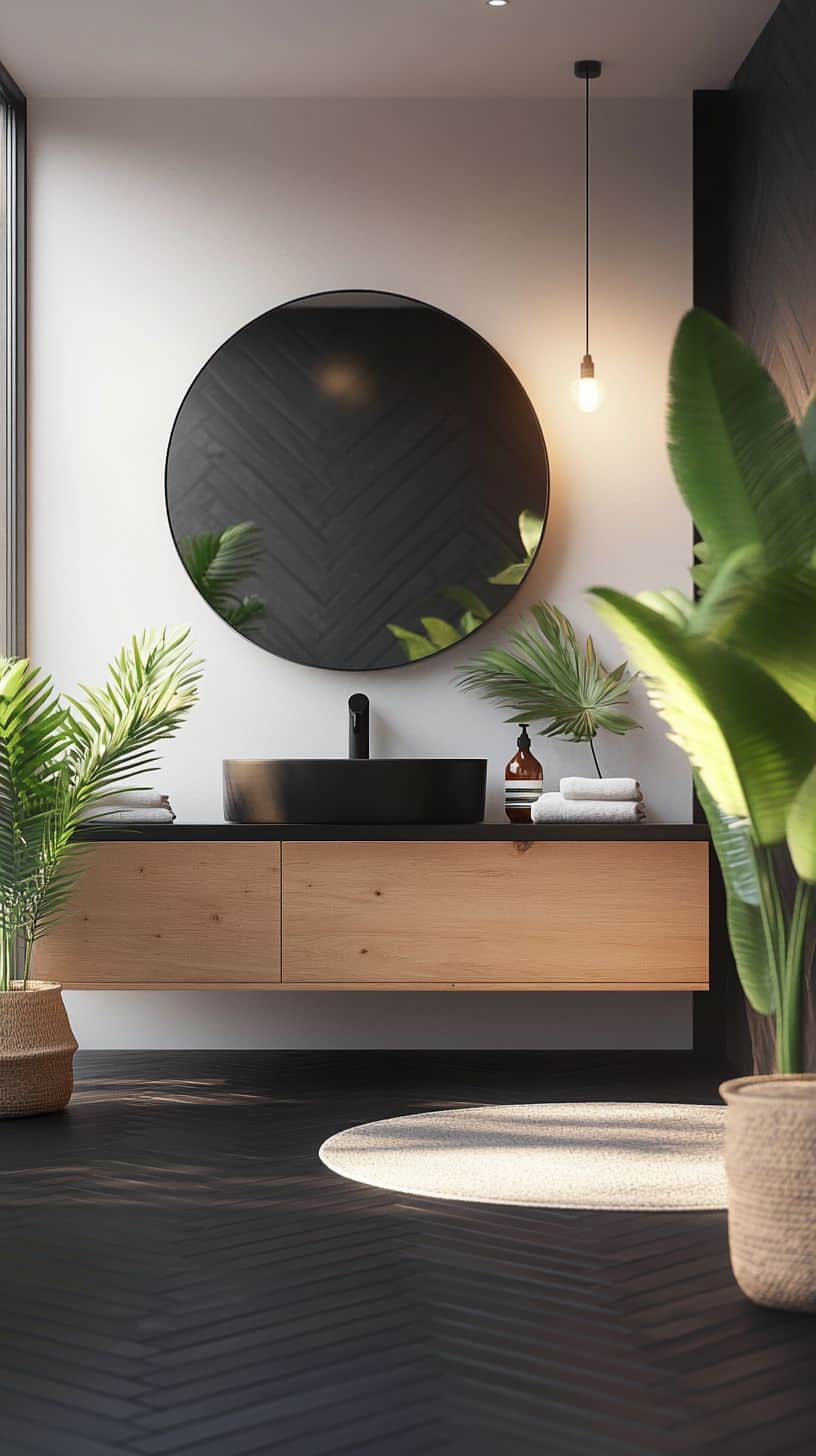 Bathroom with black herringbone tile floor