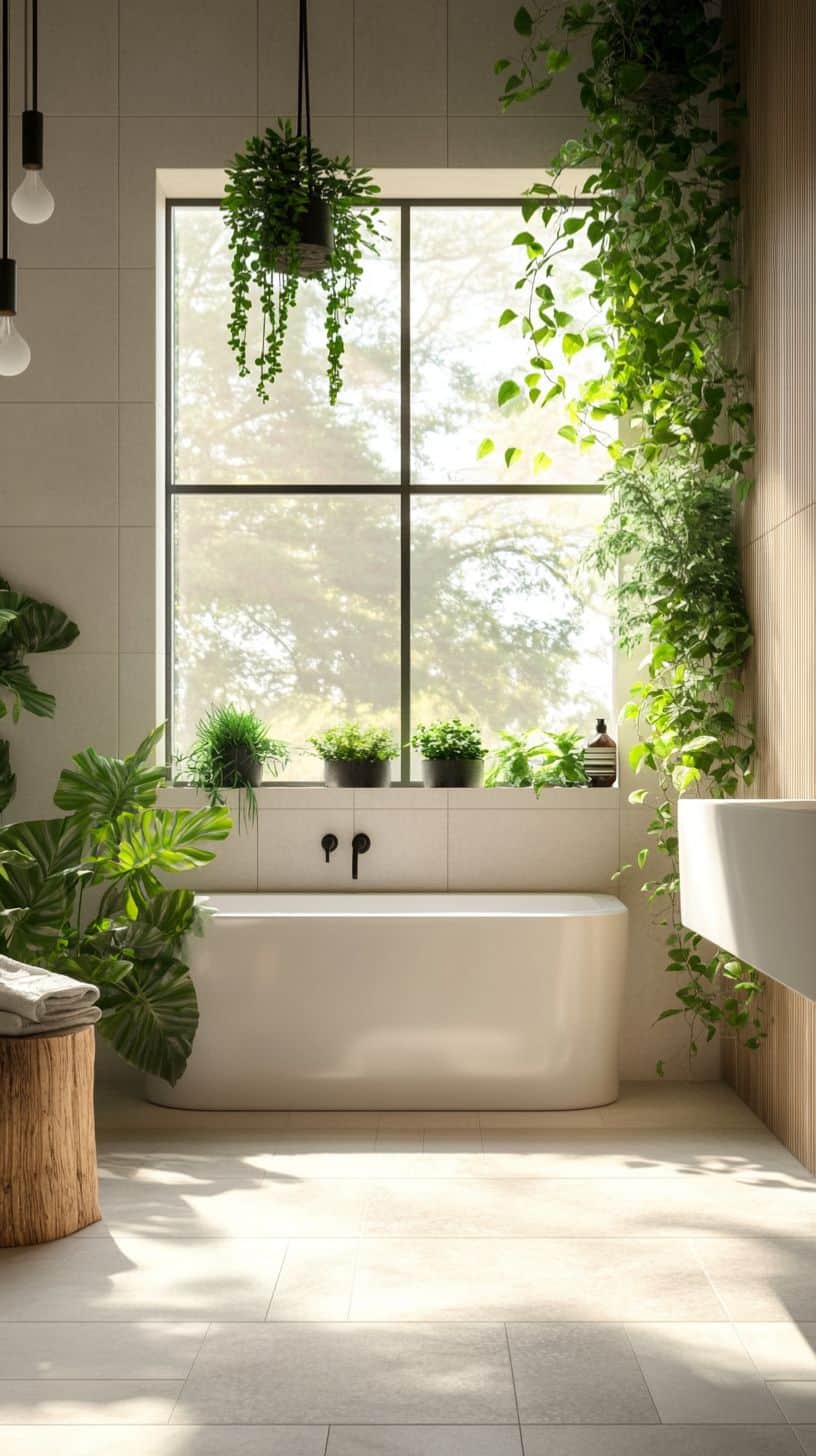 Bathroom with window plants