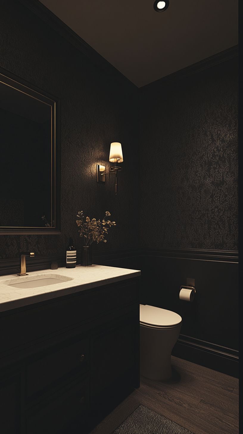 Moody guest bathroom with wallpaper