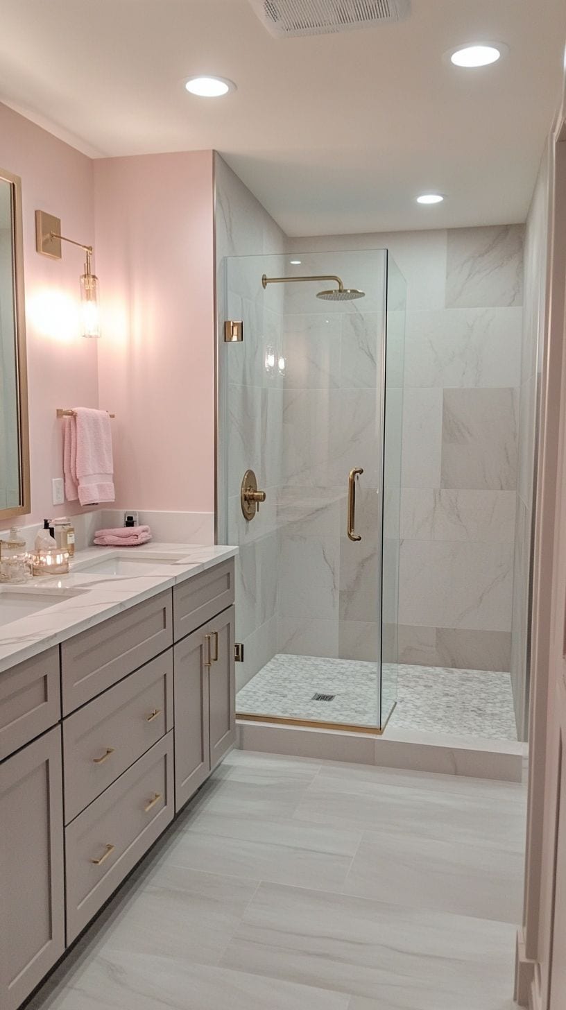Pink, gray, and white bathroom