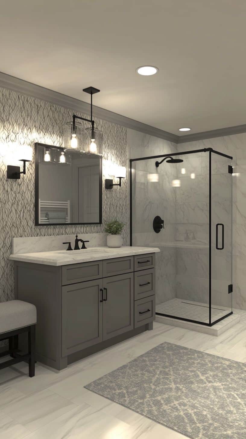 Bathroom with gray and white wallpaper