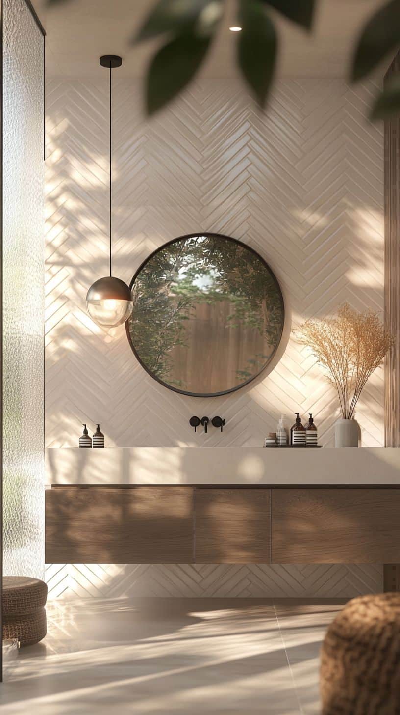 Bathroom with white herringbone tile wall