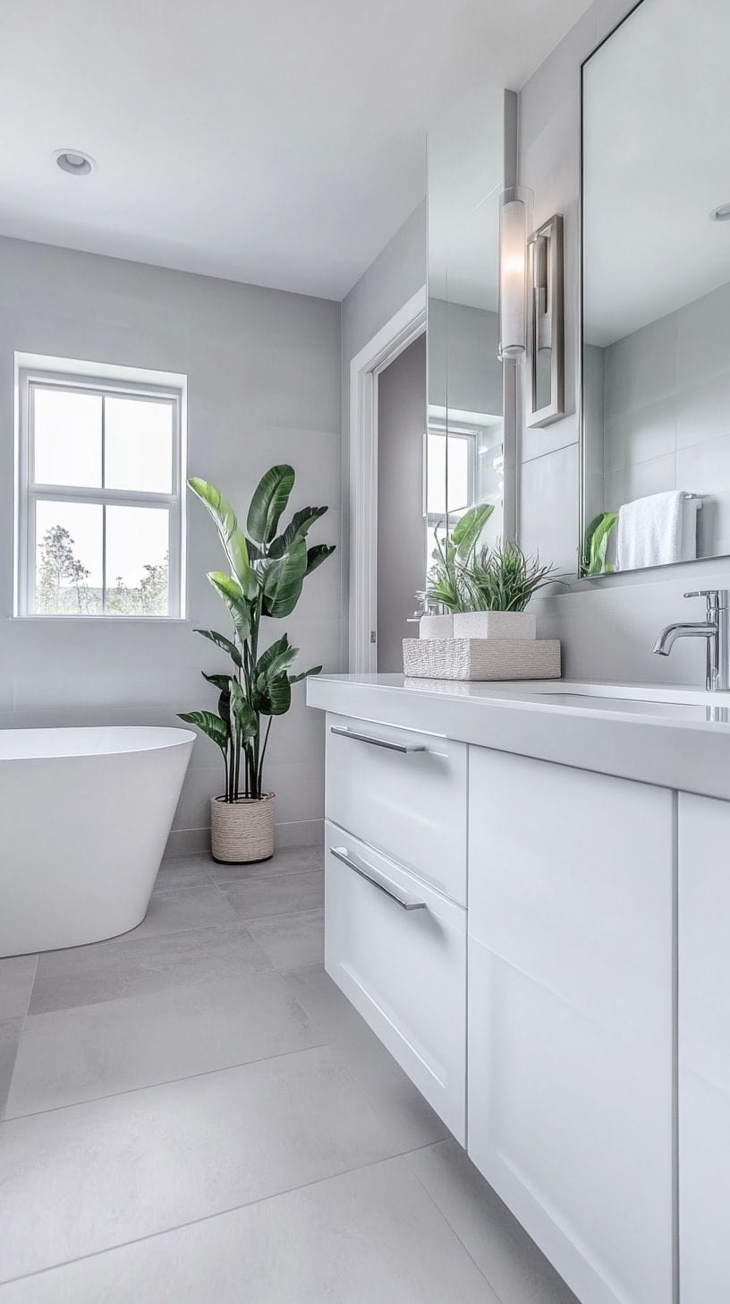 Bathroom with gray floor and white vanity