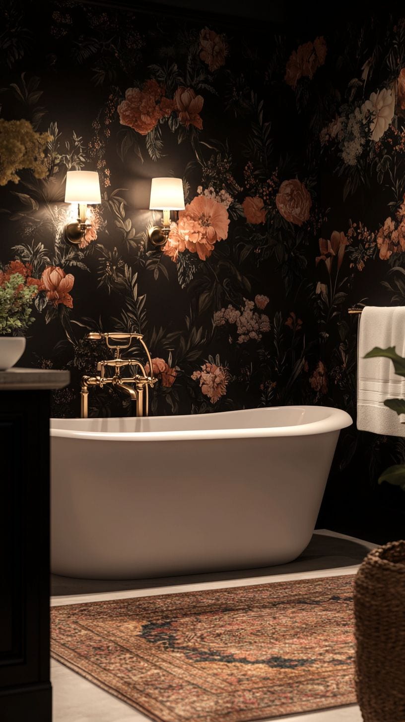 Bathroom with moody floral wallpaper
