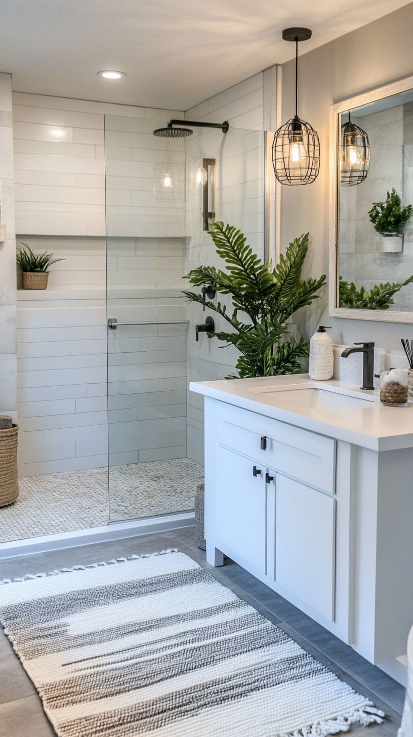 Gray, white, and wood bathroom