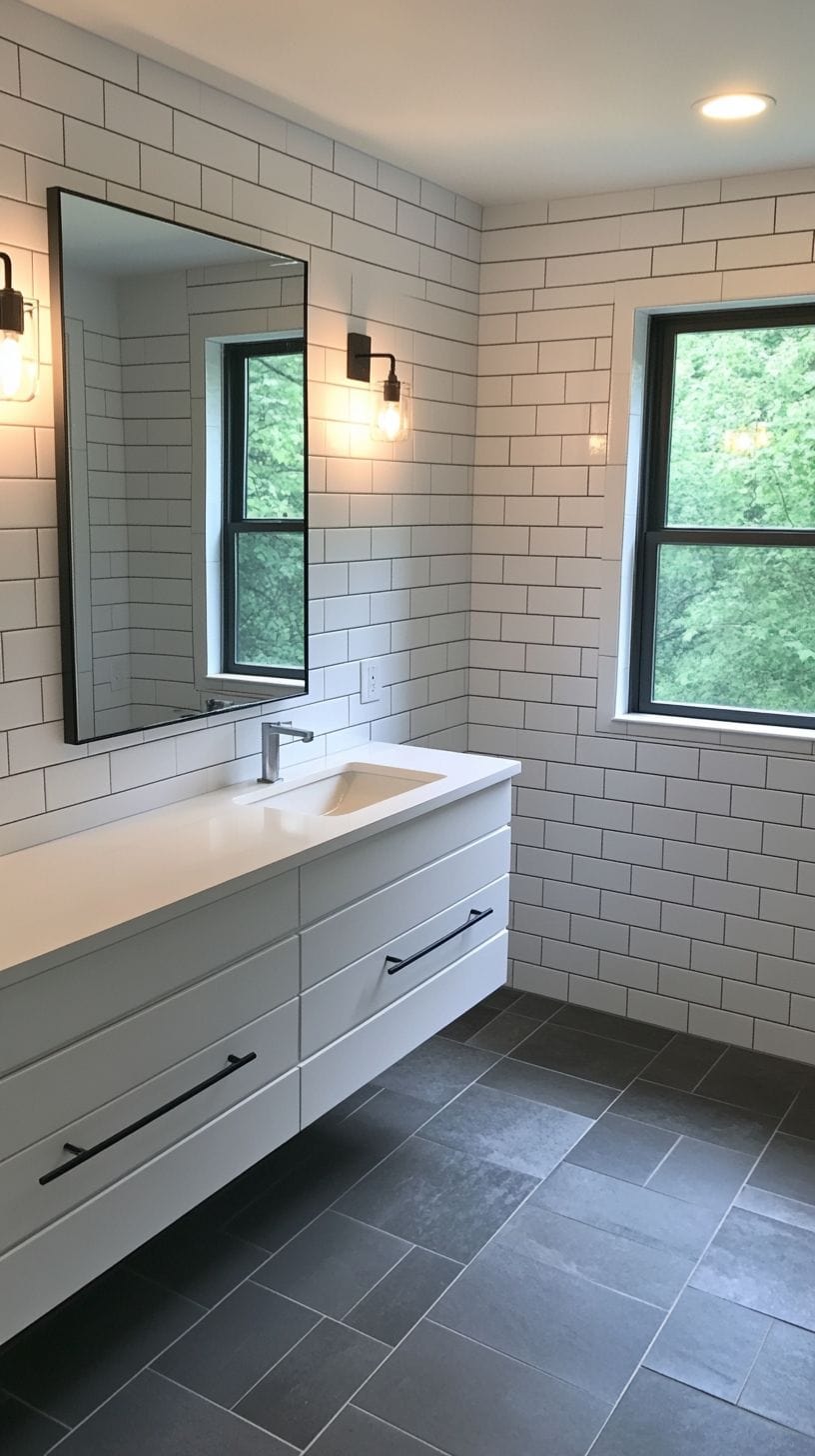 Bathroom with white subway tile and gray grout