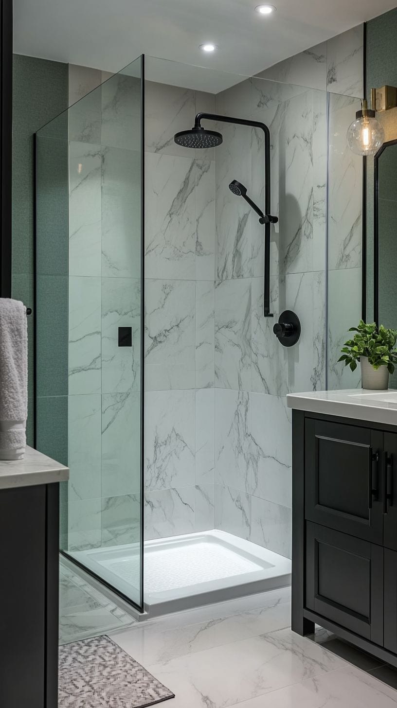 Black, white, gray, and green bathroom