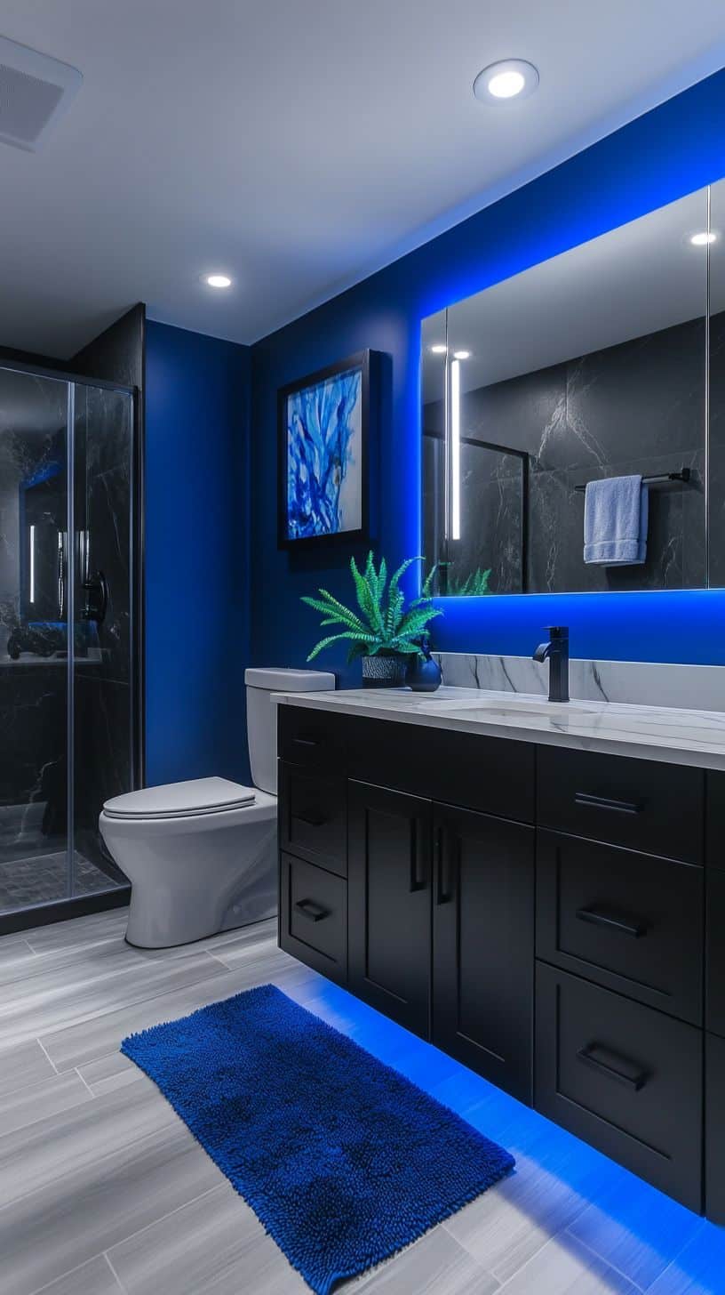 Black, white, gray, and blue bathroom