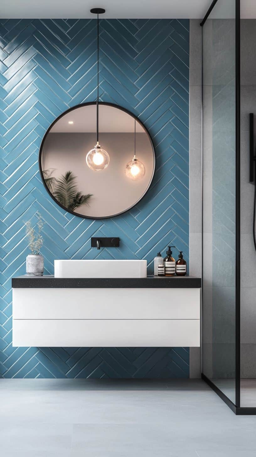 Bathroom with blue herringbone tile