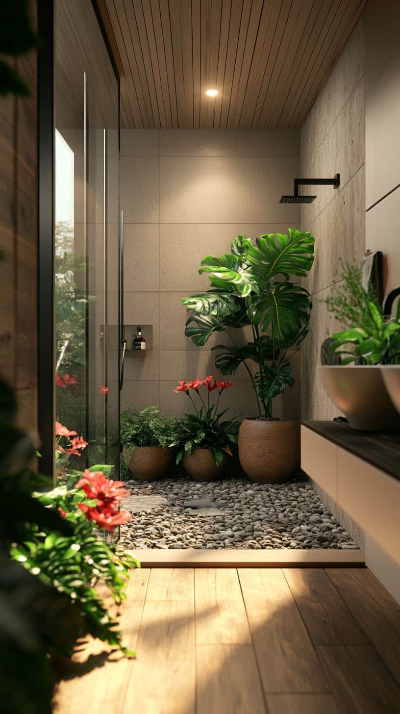 Bathroom with shower plants