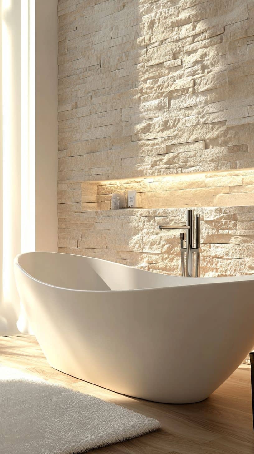 Bathroom with stone wall