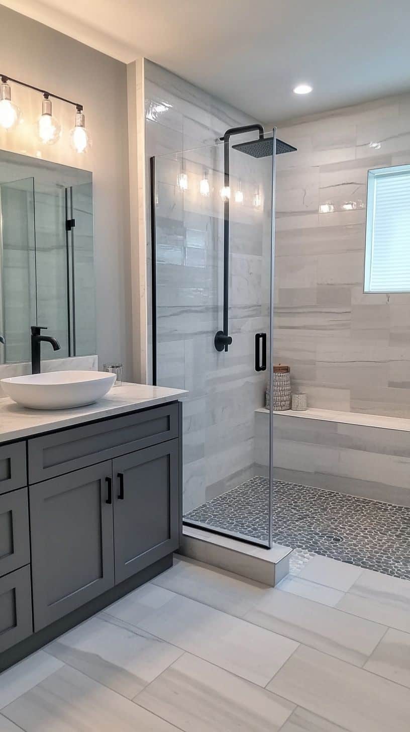Gray and white bathroom with tile