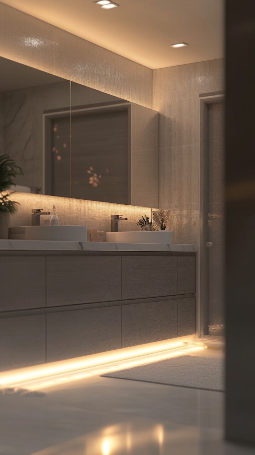 Bathroom gray cabinets with white countertops
