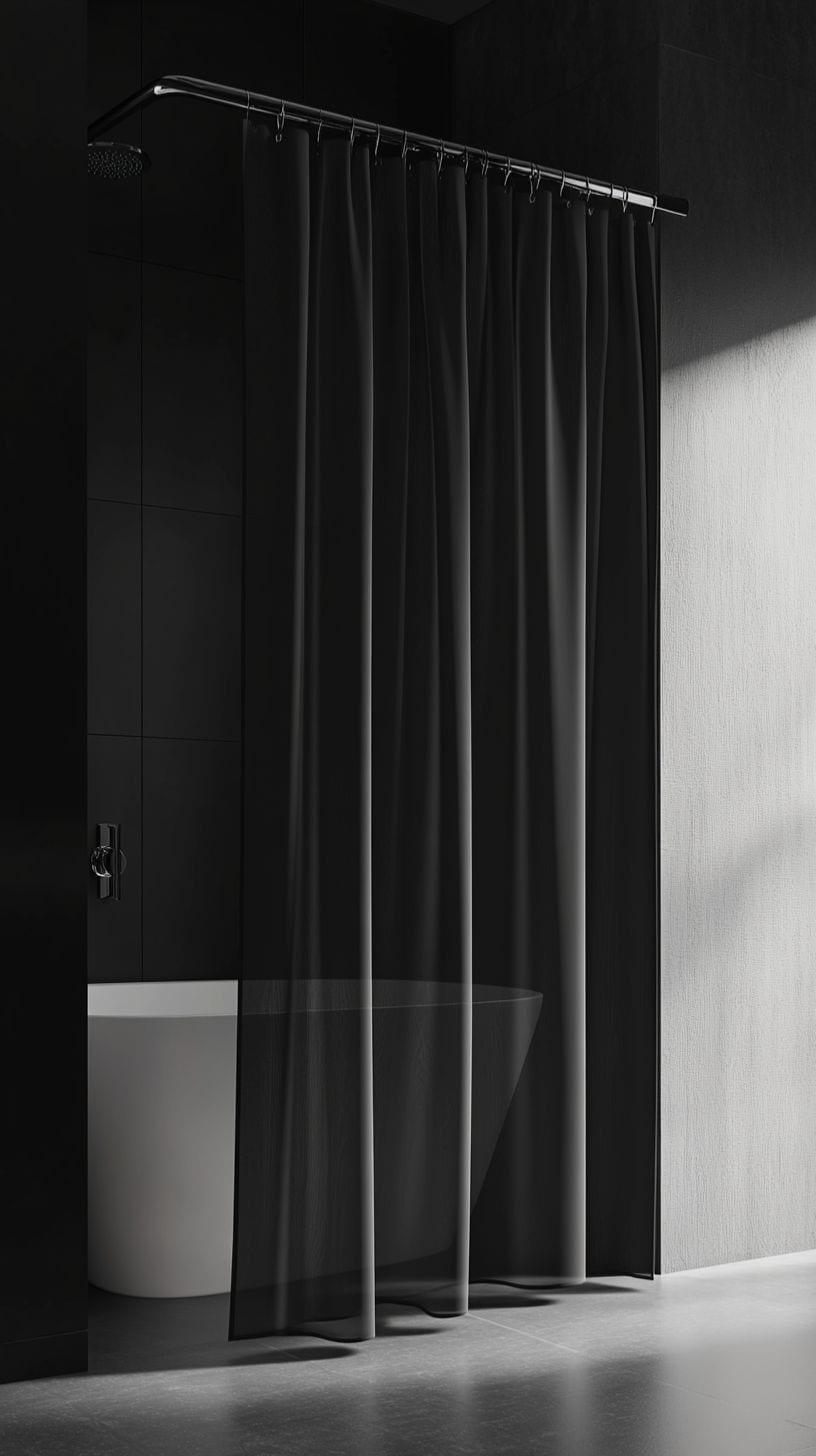 Black, white, and gray bathroom with shower curtain