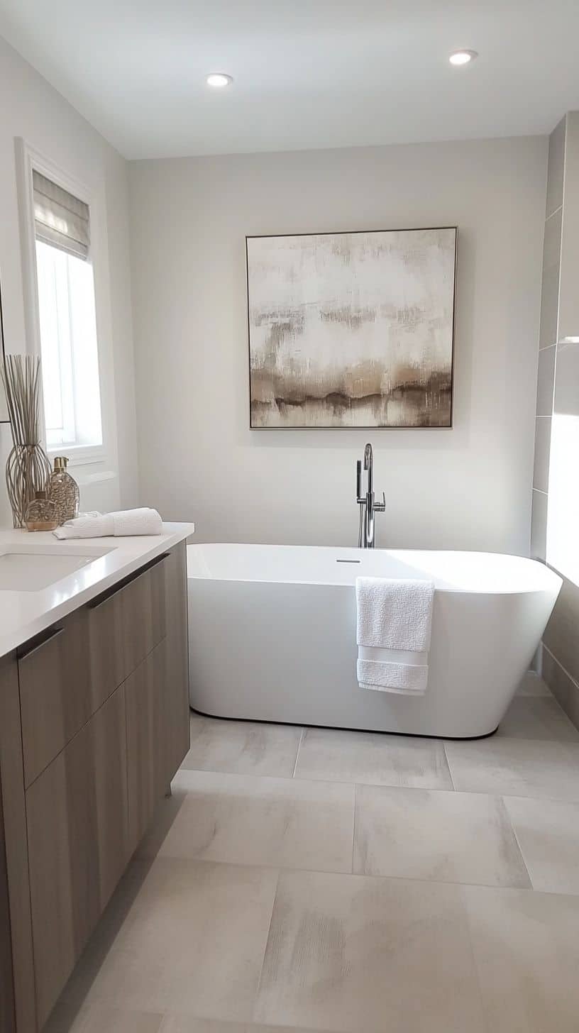 Minimalist bathroom with wall art