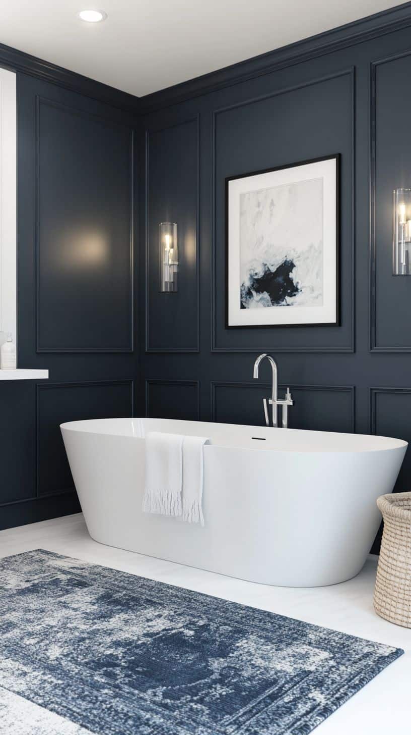 Navy gray and white bathroom