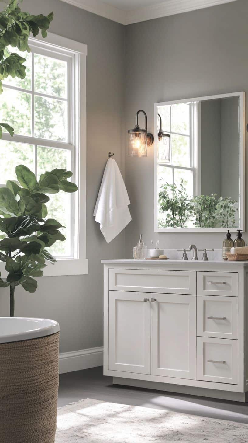 Bathroom With White Vanity and Gray Walls