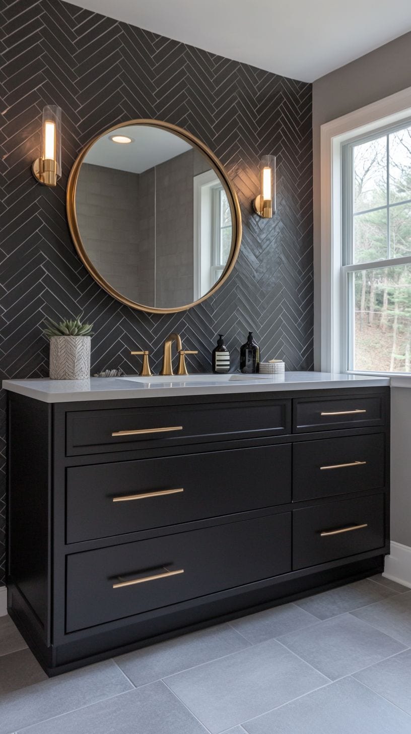 Bathroom with black herringbone tile