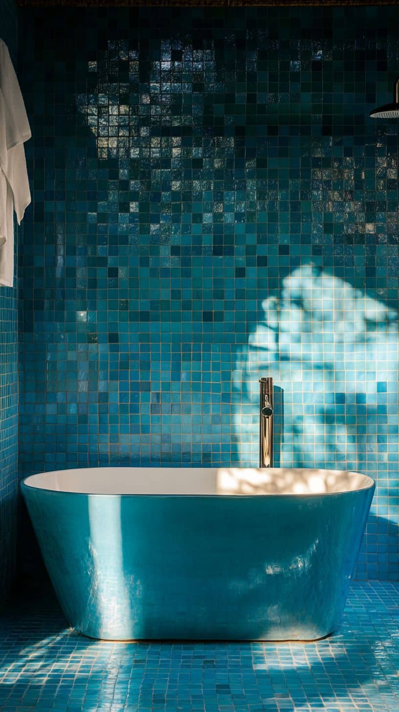 Bathroom with blue zellige tile