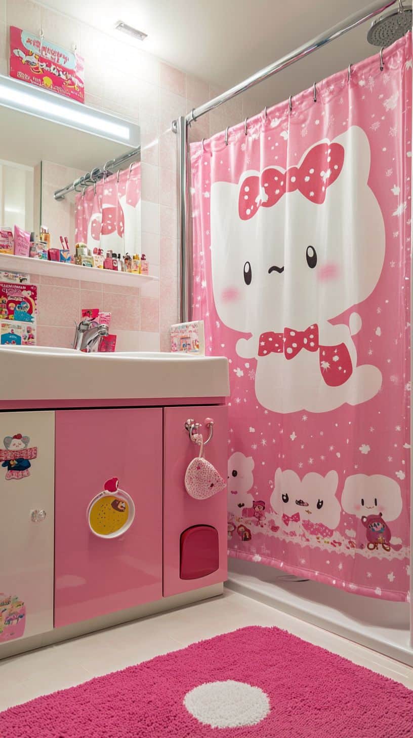 Cute hello kitty bathroom with shower curtain