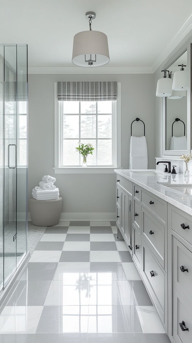 Gray and white bathroom with checkered floor