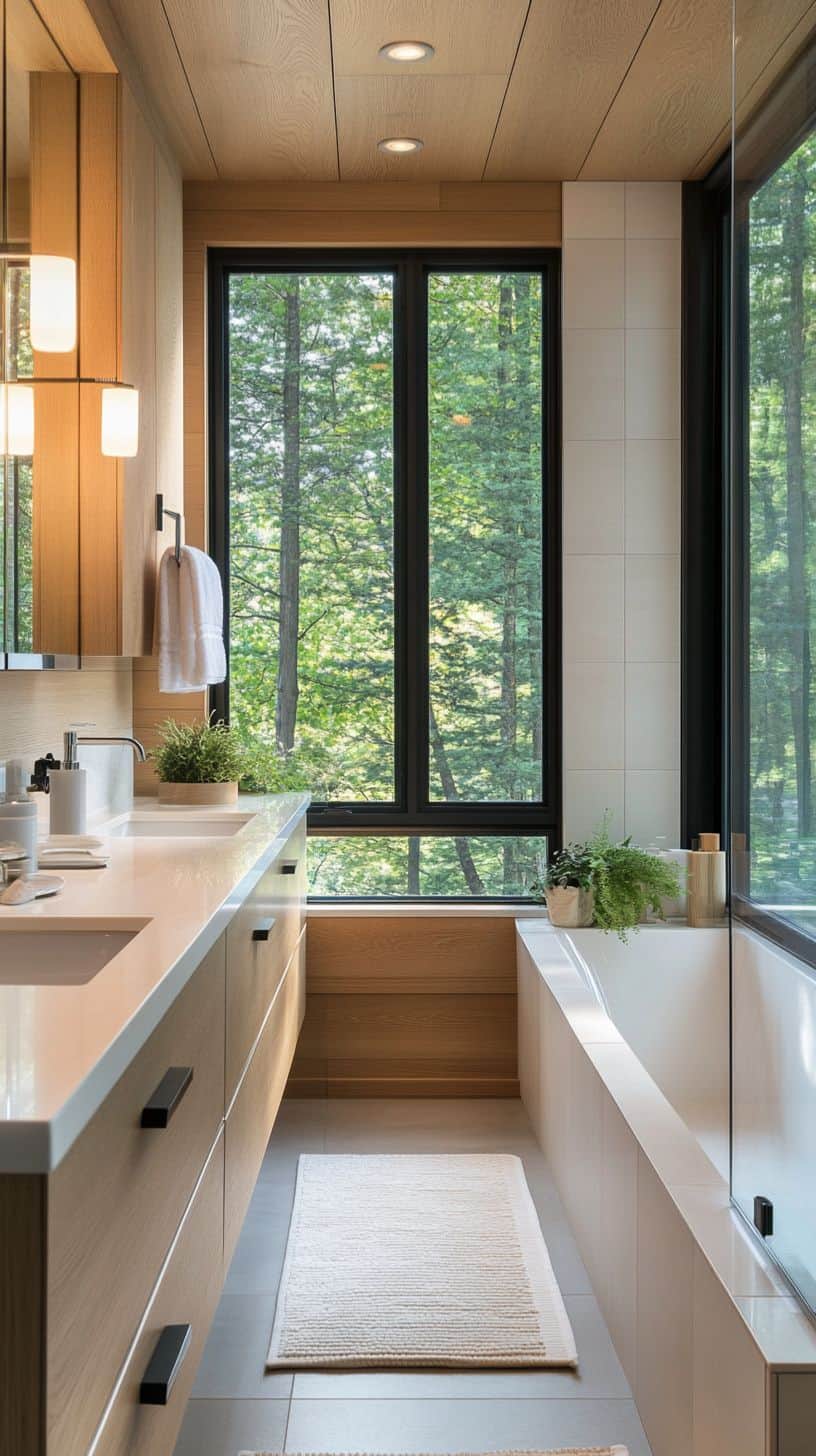 Long narrow bathroom with horizontal windows